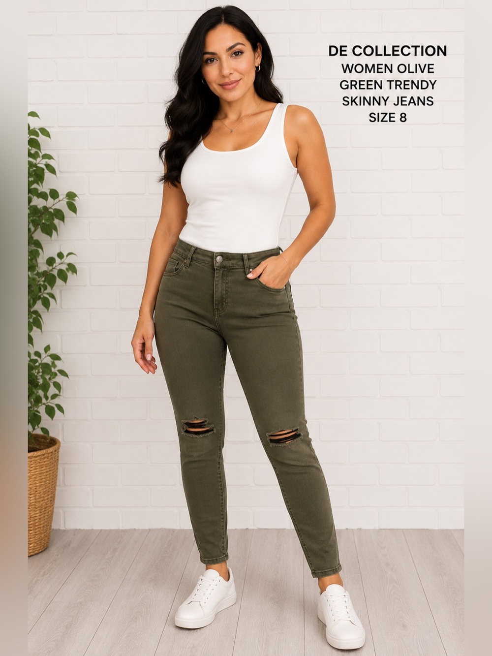DE COLLECTION women olive green trendy skinny casual fashion chic jeans/size 8